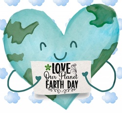 A heart filled with earth pattern on a background of blue clouds and words love our planet earth day